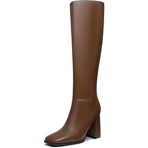 Athlefit Women's Knee High Boots Fashion Chunky Heel Square Toe Tall Boots Side Zipper Long Boots, Tan, 7.5