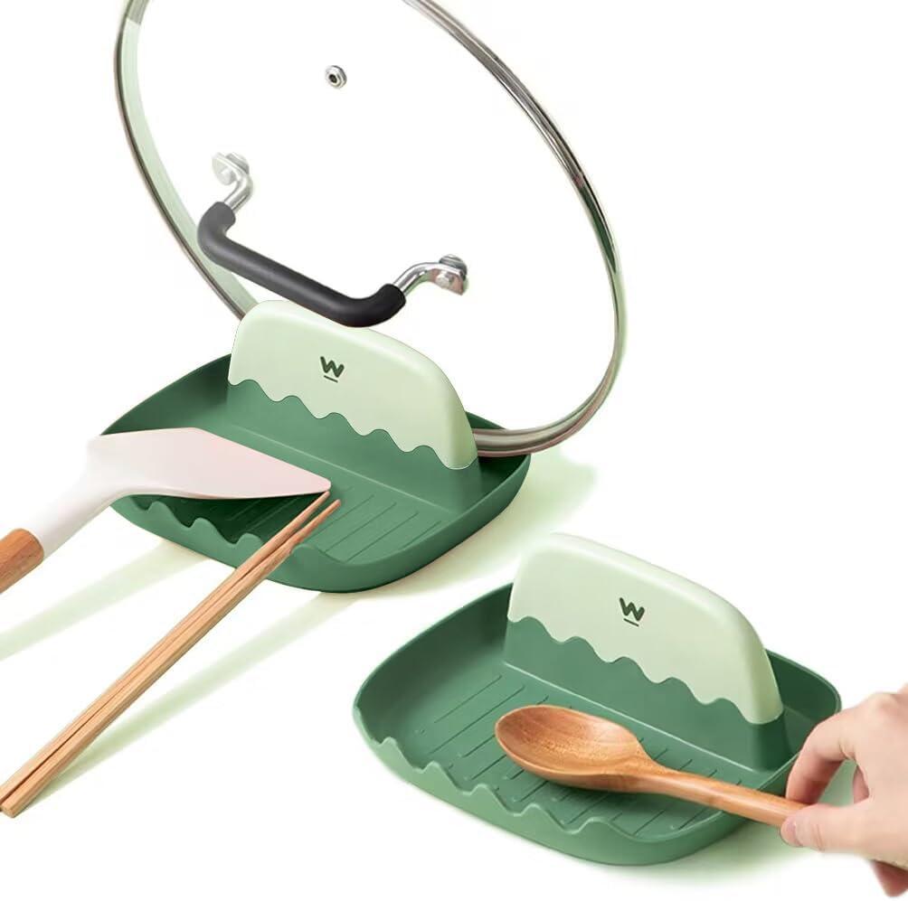 2 Pack Lid and Spoon Rest for Kitchen Counter, Cooking Ladle/Spatula/Spoon Holder for Stove Top, Utensil Rest with Pot Lid Holder for Countertop, Kitchen Gadget Rack, Christmas Cooking Accessories, Green