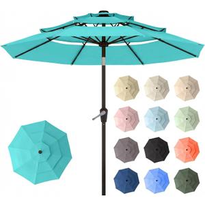 10ft Patio Umbrella, 3 Tier Outdoor Market Table Umbrellas with 8 Fiberglass Ribs and Push Button Tilt, Windproof, Vented Canopy, UV Protection for Deck, Pool, Backyard