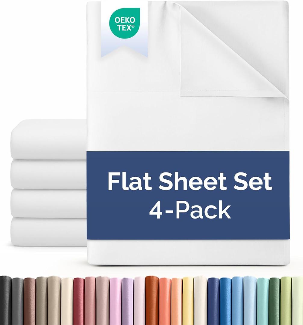 King Size Flat Sheet - Pack of 4 Top Flat Bed Sheet Only - Ultra-Soft, Comfy, Breathable & Cooling - Hotel Quality, Fade & Wrinkle Free - Easy-Care, Stain & Shrink Resistant Bedding - Oeko-Tex -White