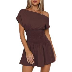 Vidiva Womens Summer Mini Dresses 2026 Casual Sexy Off The Shoulder A Line Going Out Short Dress for Party Cocktail Birthday Vacation Graduation, Coffee, Medium