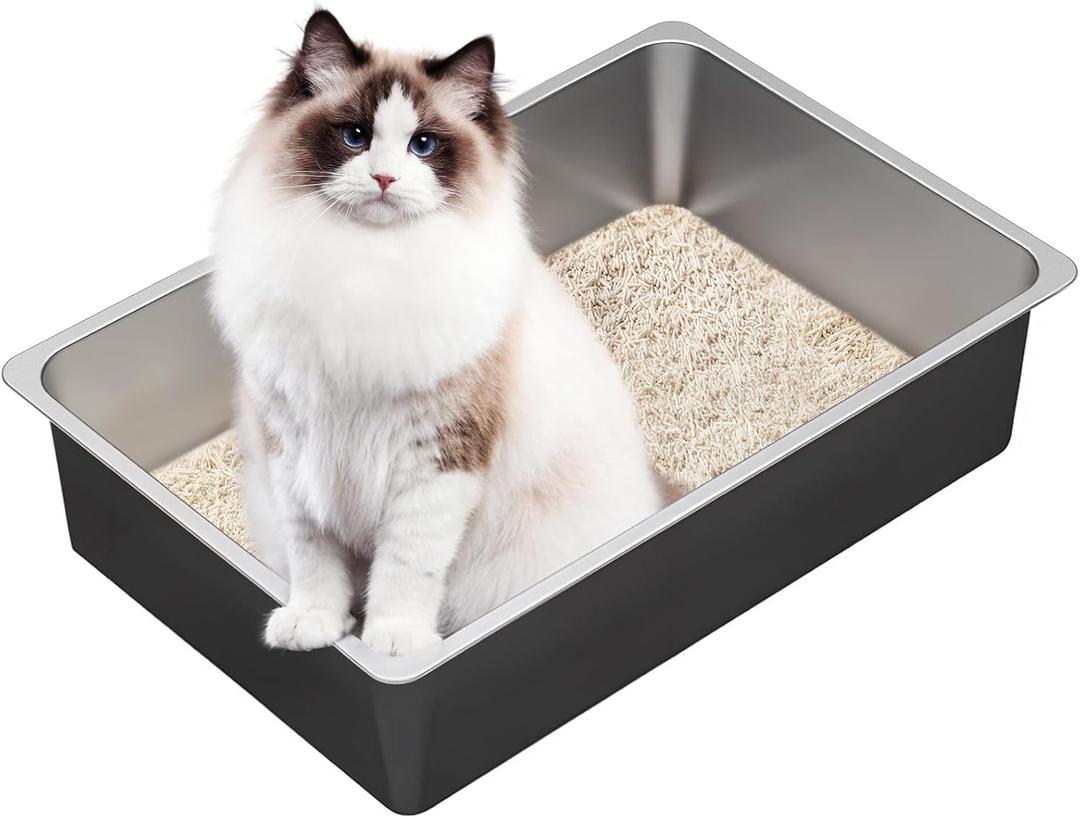 Ohtomber Stainless Steel Litter Box - Large Metal Cat Litter Box Pan High Sided, Never Absorbs Smell, Easy to Clean Non Stick Litterbox Tray Toilet Pet Supplies for Indoor Big and Small Cats, Kitten (23.4"L x 15.6"W x 6"H)