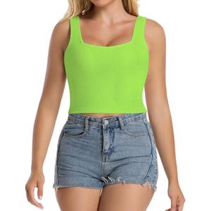 Women's Sleeveless Ribbed Tank Tops V Neck Stretchy Casual Basic Form Fitting Crop Tops (01#short Neon Green, Small)