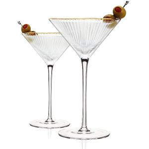 TRUE Meridian Martini Glasses - Stemmed Fun Cocktail Glasses - Art Deco Ripple Gold Rimmed Crystal Glassware - 7.8oz Set of 2