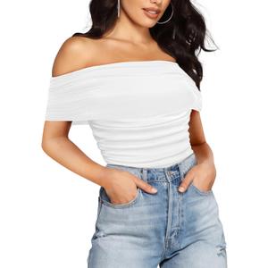 SAUNGKUAI Women's Sexy Off Shoulder Mesh Sleeveless Bodysuit Double Lined Tshirt Leotard Thong Body Suits Outfits