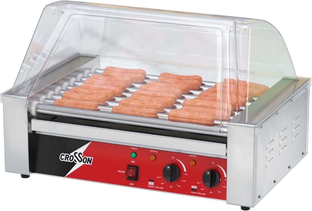 CROSSON Hot Dog 9 Roller Grill Cooker Machine with Transparent Sneeze Guard,9 Nonstick 304SS Rollers and Dual Temp Control,Commercial Hot Dog Cooker Machine-120V, 1350W