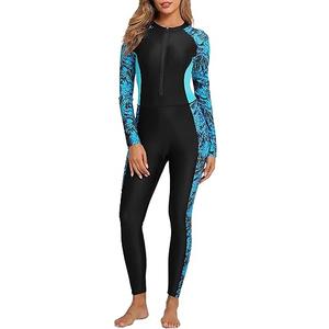 Womens Full Body Rash Guard with Built in Bra Long Sleeve One Piece Swimsuit Upf50+ Zip Front Bathing Suit, Medium, Blue Green Leaves
