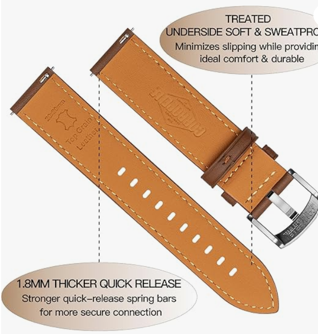 Leather Watch Band Strap Quick Release, Soft Padded Top Grain Nappa Leather Wrist band for Men Women, Choice of Width 18mm 19mm 20mm 21mm 22mm Replacement band for Watch & Smartwatch (Dark Green Leather (Orange Brown))