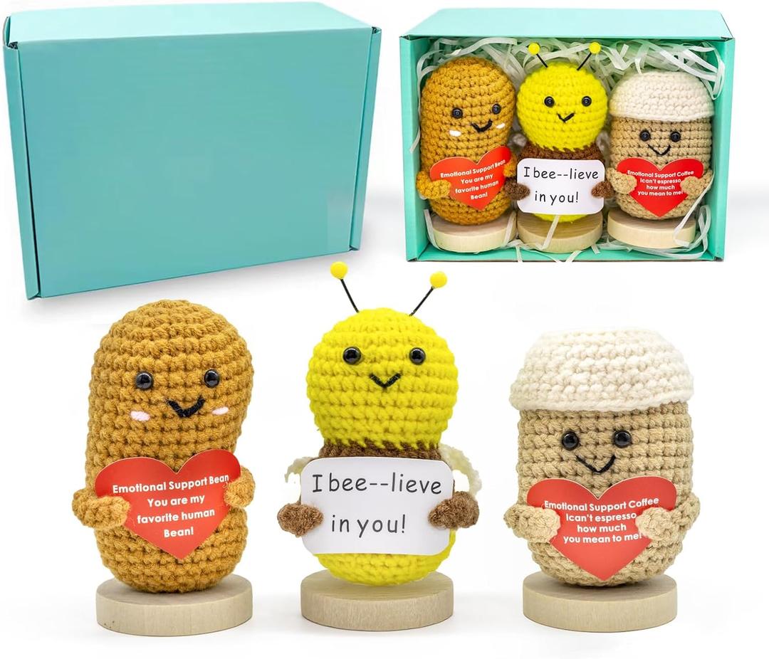 3PC Mini Funny Positive Potato, 3 inch Knitted Doll with Positive Card for Cheer Up Gifts and Party Decorations, Cute Positive Crochet Doll for Birthday Gifts (Coffee Bean+ Coffee Cup+ bee)