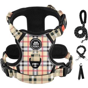 IVY&LANE No Pull Dog Harness with Leash Set, Reflective No Choke Pet Vest,Adjustable Oxford Dog Vest Harness with Easy Control Handle for Small Dogs (Checkered Beige,S)