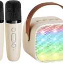 YLL Mini Karaoke Machine with 2 Wireless Microphones for Kids Adults, Portable Bluetooth Speaker Gift for Girls Boys Toys 3, 4, 5, 6, 7, 8, 10, 12+ Years Old Teens Birthday Home Family Party (Cream)