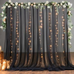 10x8ft Black Tulle Backdrop Curtain with Lights String for Parites, Sheer Photo Backdrop Curtains for Wedding Baby Shower Birthday Party Photo Shoot Decorations (10ft x 8ft(2 Panels 5*8ft))