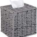MyGift Gray Tissue Box Cover Square with Lid - Decorative Rattan Kleenex Holder, Woven Cube Tissue Holder for Bathroom Toilet Bedroom Living Room Kitchen Table Desk Office Car