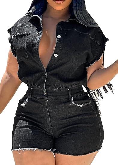 Nihsatin Women's Black Denim Washed Distressed Romper Button Down Jeans Playsuits size L