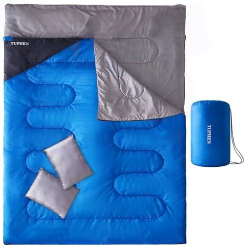 Tuphen Double Sleeping Bag, Sleeping Bag with 2 Pillows, Queen Size XL Bag for 2 People, Cold Warm Weather- 3 Seasons, Waterproof Adults for Camping, Backpacking or Hiking Green