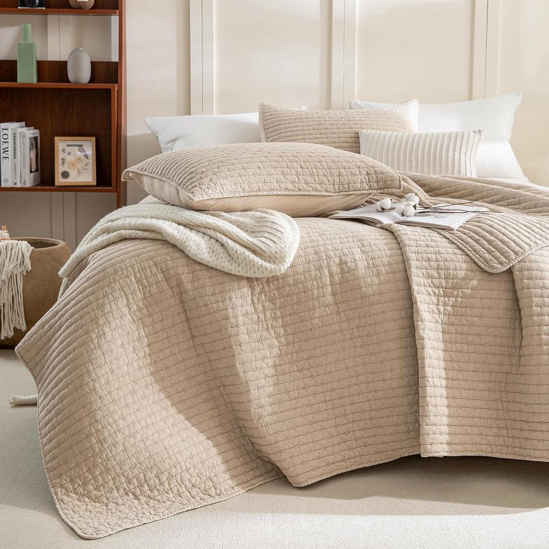 Sanracie Oversized King Bedspread (128"x120"), 100% Cotton Cross Stitch Pattern California King Coverlet Quilt Set 3Pcs Warm Taupe Colored Lightweight Extra Large King Bed Quilt for All Season, Extra Wide Super King
