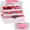 Hair Accessories Organizer for Girls Headbands, Clips, Ties Baby Girl Supplies, Lockable Three-layer Folding Craft Organizers and Storage Plastic Jewelry Box,10.8 * 5.9 * 5.7in (Pink)