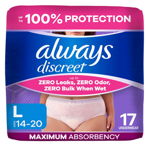 Always Discreet Adult Diapers for Women, Incontinence Underwear, Postpartum Essentials, Disposable Briefs, Max Absorbency, Bladder Leak Protection, Large, 17ct