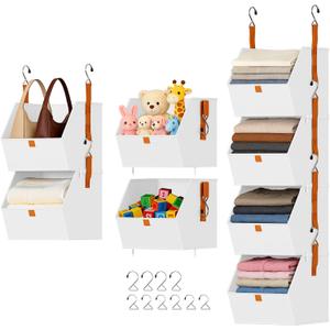 DIMJ Hanging Closet Organizer - 4 Tier Collapsible Hanging Shelves with Hooks Zipper, Fabric Clothes Organizer, Space-Saving Storage Bin Basket for RV, Bedroom, Laundry Organization (White)