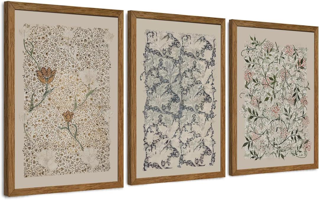 Krtoni 3PCS Framed Vintage William Morris Wall Art, Neutral Abstract Floral Canvas Artwork Prints, Rustic Boho Farmhouse Flower Botanical Picture Paintings for Living Room Bedroom Office 16W x 24H