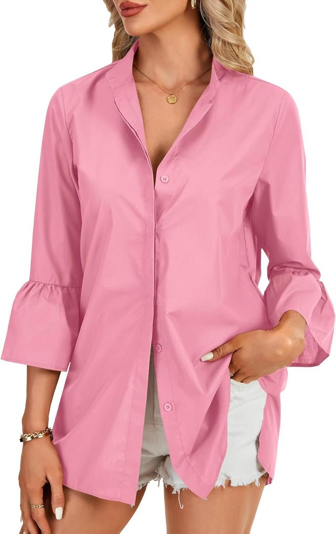 LYANER Women's Flare Long Sleeve Stand Collar Button Down Blouse Shirt Top (X-Large, Pink)