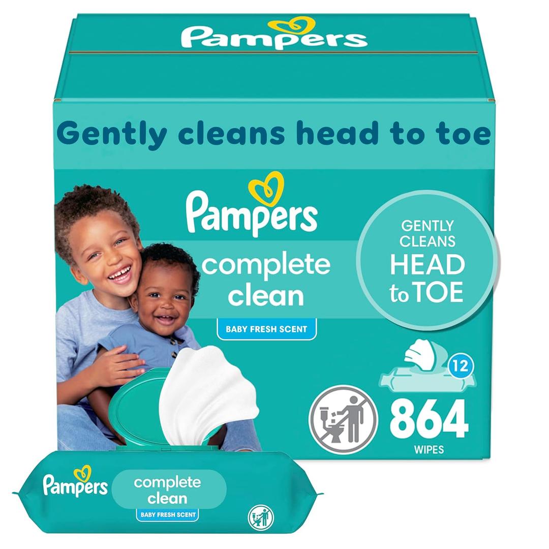 Pampers Baby Wipes, Complete Clean Baby Fresh Scented Wipe, Gently Cleans Head to Toe, 864 Total (12 Flip-Top Packs) (72 Count (Pack of 12))