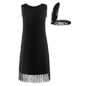 JerrisApparel Girls Tassel Latin Dance Dress Fringe Flapper Costume Dress With Headband ( M, 7-9 Years, Black)