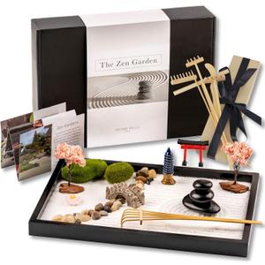 Zen Garden Kit 11x8in. Beautiful Japanese Decor Mini Rock Feature Gift Set for Home, Office Desk. Zen Sand Garden, 6 Tools, 15 Accessories. Sand Tray Therapy Desktop Meditation Room