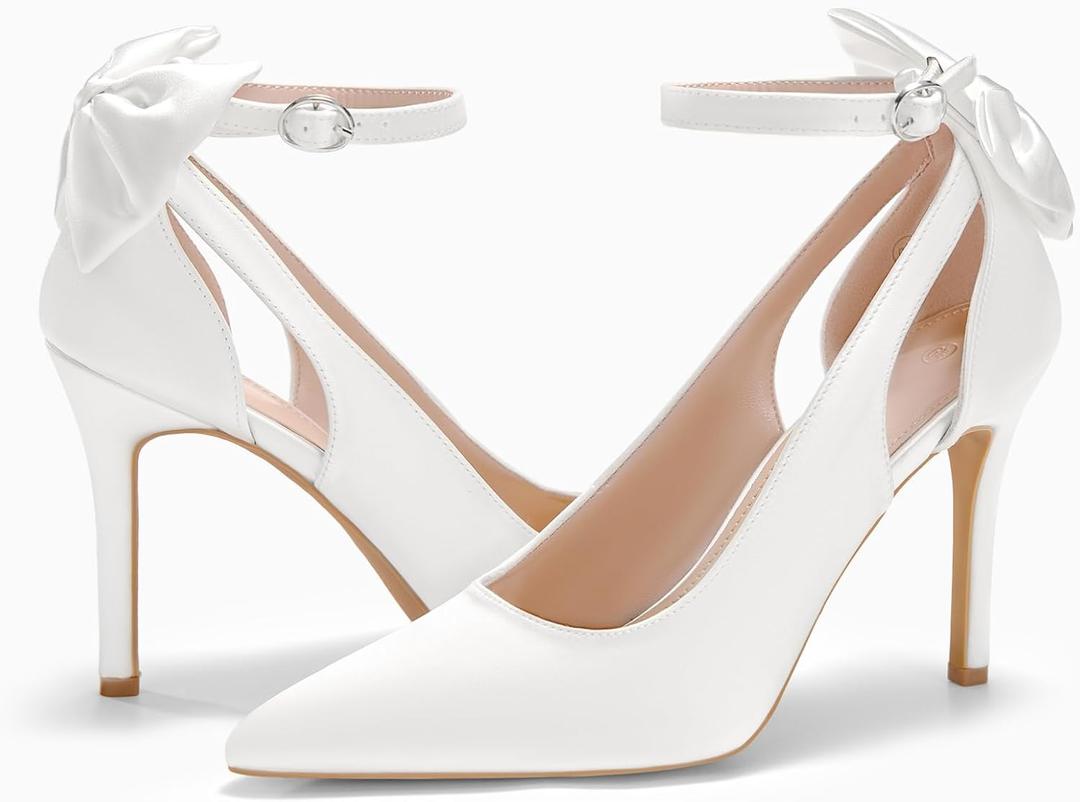 PiePieBuy Women's Pointed Toe High Heels Ankle Strap D'Orsay Pumps Shoes Bow Wedding Bowtie Back Dress Sandals (White) (8.5, White, Numeric_8_Point_5)