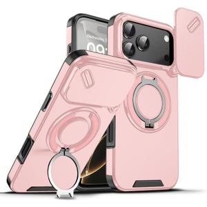 chubbycable Phone Case for iPhone 17 Pro Max Chubbyarmor 2.0 Military-Grade Shockproof Magnetic Case with Camera Slide & 360 Kickstand Ring, Pink