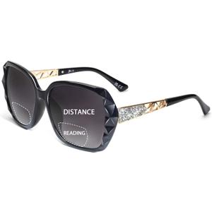 JM Bifocal Reading Sunglasses for Women Fashion Oversized Square Sun Readers Outdoor Reading Glasses UV400 Protection Black +1.5