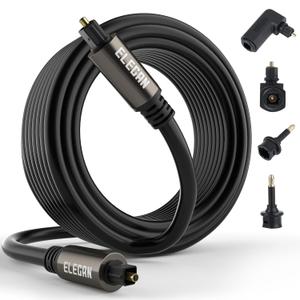 Elecan Optical Audio Cable 30 Ft Digital Audio Toslink Cable Cord-Fiber Optic-Gold Plated-Flexiable&Durable-for Home Theater,Sound Bar,PS4&Xbox-with 4 Right Angled and Mini Toslink Adapters+Ties