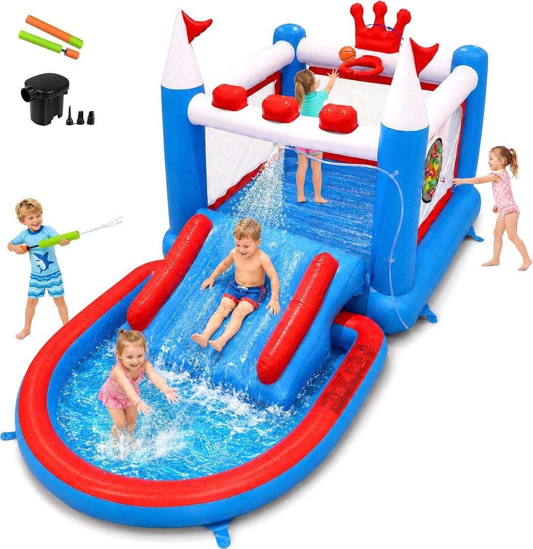 6-in-1 Inflatable Bounce House with Water Slide and Pool for Kids, Lager