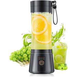 Cordless Portable Blender for Smoothies & Shakes - Personal Size Blender Lightweight & Rechargeable, 380Ml BAP Free Juice Cup with 6 Blades, Freshly Squeezed for Sports/Picnic (Black)