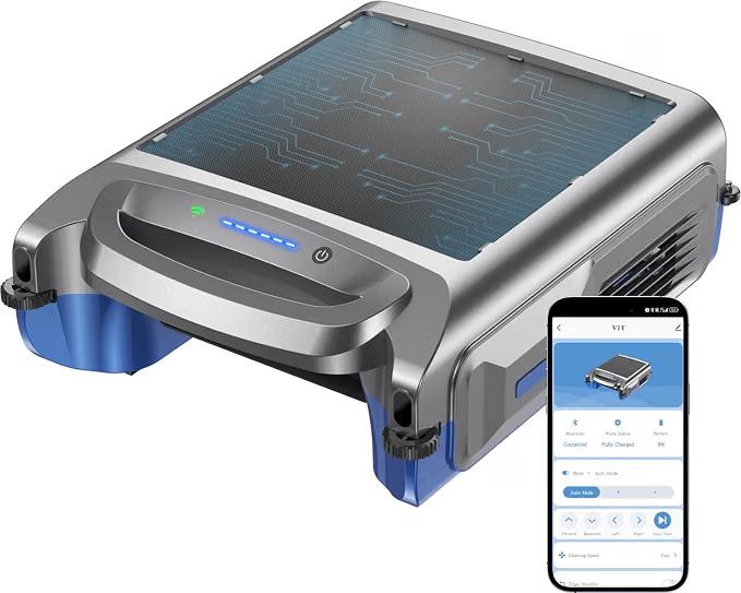 V1T Solar Pool Skimmer, Robotic Pool Surface Skimmer Cleaner with App Control, 7L Large Basket 24/7 Cleaning Smart Obstacle Avoidance Dual Charging Options Ideal for Above Ground Pool Blue