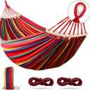 Outerman 275 x 155 cm Camping Hammock, Hammocks Thickened Canvas Fabric with 550lb Load Capacity, Two Anti Roll Balance Beam and Sturdy Metal Knot Tree Straps for Travel, Beach, Backyard etc.