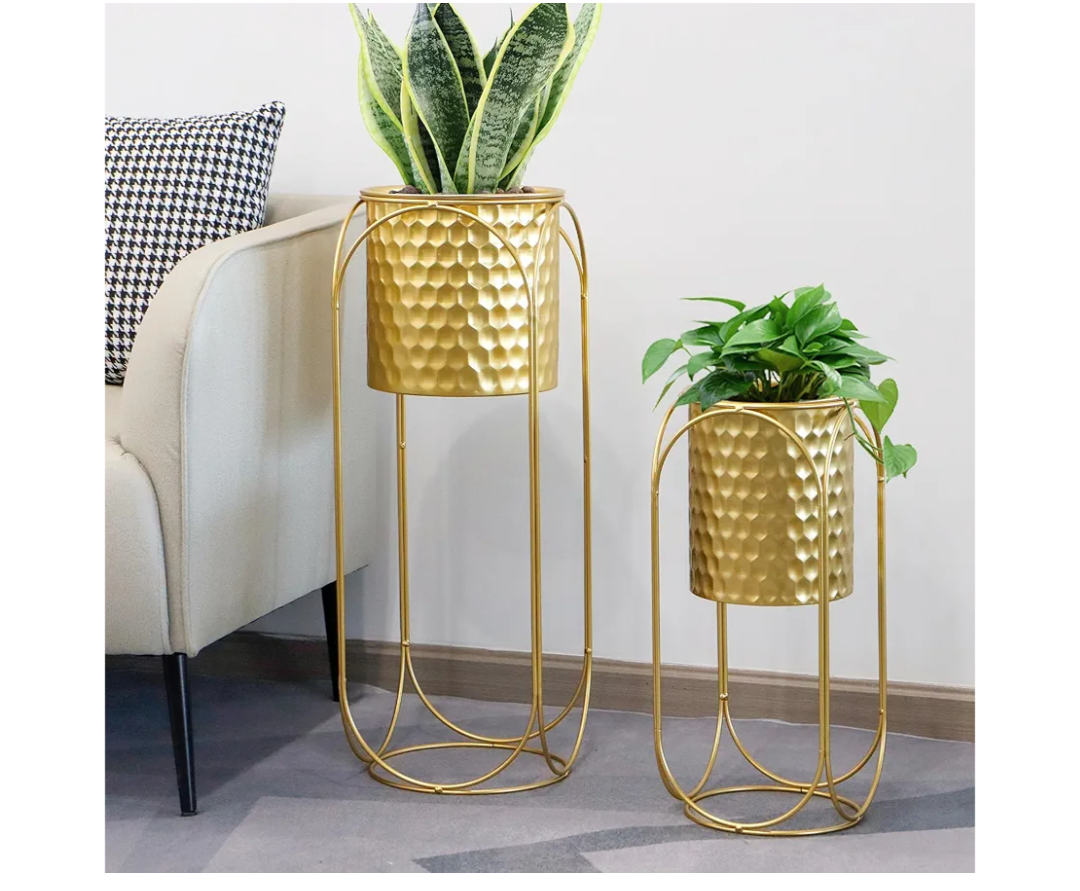 TRIROCKS Set of 2 Planters with Stand Large Gold Planter for Indoor Plants 26 &18" H Morden Plant Pot for Living Room Corner Kitchen Office Garden Balcony Patio Decor(Gold)