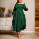 Plus Size Formal Dresses for Women Off Shoulder Long Sleeve Boat Neck Irregularly Flowy Midi Church Dress