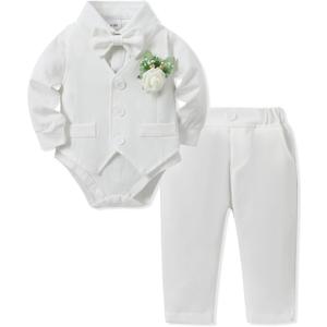 SANMIO Baby Boy Clothes Suits Infant Gentleman Outfit Collared Dress Shirt+Vest+Tie+Corsage+Pants 5Pcs Baby Suit Sets, Size 12-18M