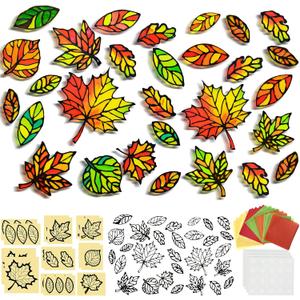 Faccito 30 Sets Fall Thanksgiving Suncatcher Paper Crafts Kit DIY Autumn Leaf Stained Glass Effect Tissue Paper Fall Crafts for Windows Suncatcher Decor for Harvest Art Party Supplies