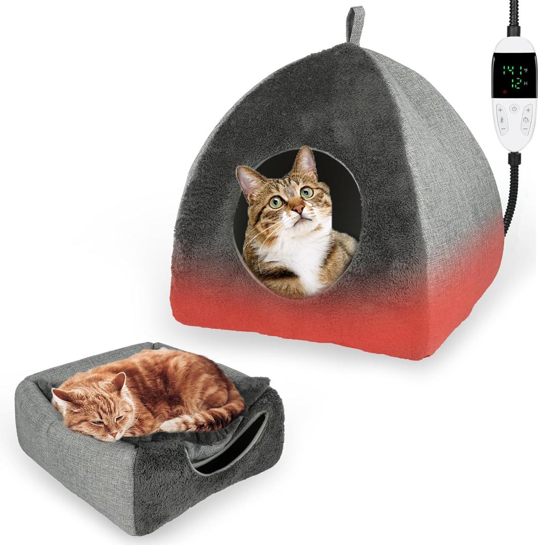 Heated Cat Bed Cave, Adjustable Temperature Heated Pet Bed Indoor with Timer, Cat Cave Bed Cat House with Washable Cushioned Pillow and Chew Resistant Cord Update for Indoor, 6.9 * 16.9 * 16.14"