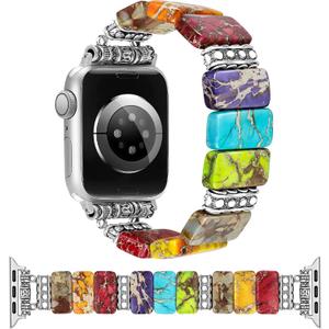 Newlibery Beaded Natural Stone Bracelet Band Women Compatible with Apple Watch 38/40/41/42mm(S10/11) Boho Elastic Western Vintage Imperial Stone Strap for iWatch Series 11/10/9/8/7/6/5/4/3/2/1/SE