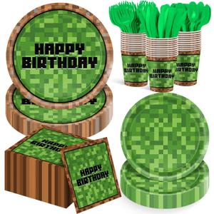 168Pcs Pixel Birthday Decorations, Includes Plates Napkins Cups Knives Forks Spoons, Pixel Party Decorations, Serve 24