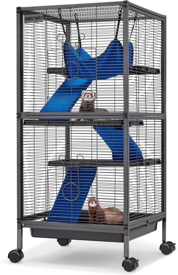 HABUTWAY 45''H Metal Small Animal Cages, Rolling Chinchilla Cage with Removable Ramps, Lagre Critter Nation Cage for Chinchillas/Guinea Pigs/Rabbit, Ferret Cages with Hammock & 4 Tiers, Black (Medium)