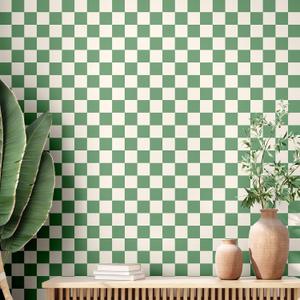 Green Checkered Peel and Stick Wallpaper 70s Retro Funky Checkered Contact Paper Geometric Waterproof Wallpaper Neutral Checkerboard Decor for Bathroom Cabinet(16.4' x 15.75'')