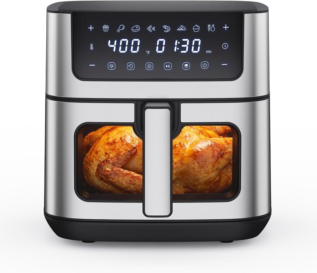 NEWBULIG Air Fryer 6.34QT Airfryer with Visible Window 400℉ Fast Heating Stainless Steel Air Fryers Oven with Nonstick and Dishwasher-Safe Basket 8-in-1 Cooking Preset with Timer Auto-Off