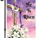 Easter Cross Garden Flag, He is Risen Religious Decorative Flag with Purple Sky Design, Spring Holiday Outdoor Decor 12 x 18 Inch