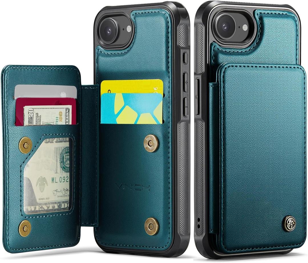 Vinich for iPhone 17e / 16e Wallet Case with Card Holder, RFID Blocking Credit Slots Kickstand Shockproof Phone Cover Fit for iPhone 16e & 17e 6.1" Bluish Green
