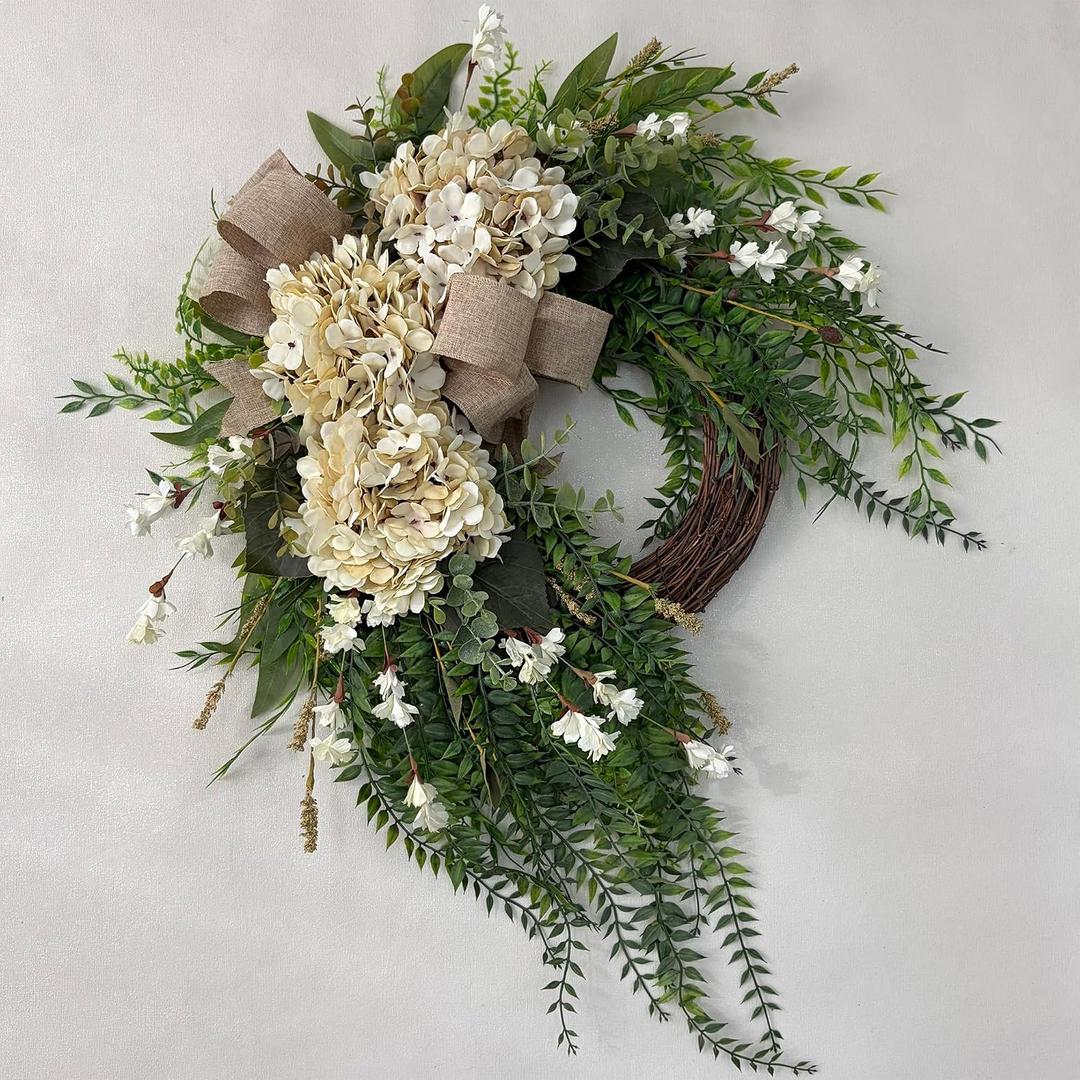 Hydrangea Wreath, 22 Inch Spring Wreath for Front Door, Summer Wreath with White Hydrangea, Greenery and Burlap Bow, Farmhouse Floral Door Wreath for Indoor Outdoor Wall Porch Dcor