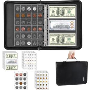 Coin Collection Book Holder Organizer - 410 Pockets Coins Collection Supplies Album for Collector 36 Sleeves Money Storage Case Fireproof Coin Currency Collection Bill Pennies Cash Black